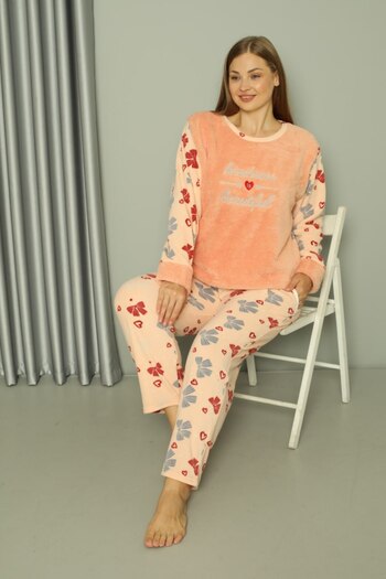 dealp Women's Winter Plus Size Fleece Plush Pajamas Set