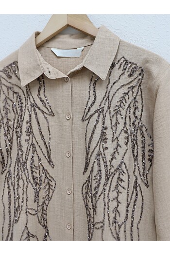 Modamorfo Mink Colored Sequined Buttoned Shirt