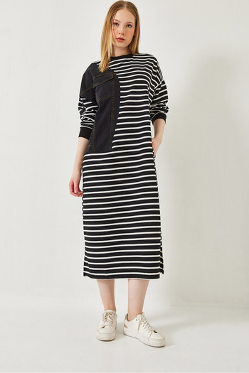 Bianco Lucci Women's Striped Single Pocket Denim Garnished Long Dress 8199 60351351