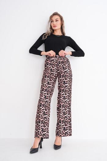 ŞİMAL Women's Leopard Print Elastic Waist Wide Leg Trousers 255256 -