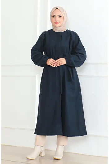 sefamerve Hidden Pat Belted Cashmere Coat 0504-03 Navy Blue