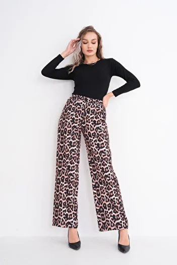 ŞİMAL Women's Leopard Print Elastic Waist Wide Leg Trousers 255256 -