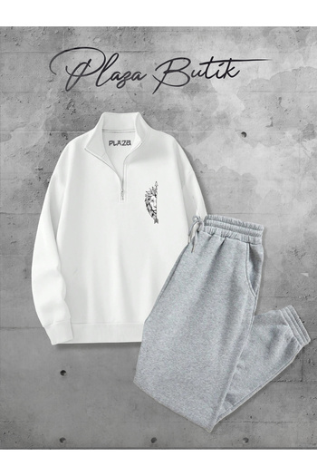 Plaza Butik Men's Half Zipper Sweatshirt Men's Lion Printed Bottom Top Tracksuit Set
