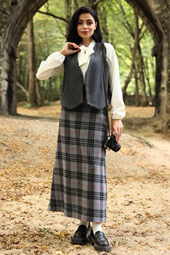 KÜÇÜĞÜM BUTİK Gray Plaid Long Winter Skirt