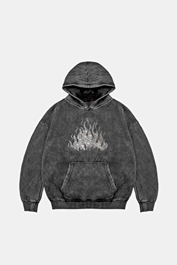Sekizbiraltı Flame Stone Printed Oversize Unisex Μαύρο Hoodie που πλένεται