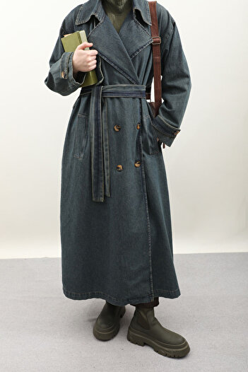ZÜLAYS Oversize Denim Trençkot Koyu Mavi