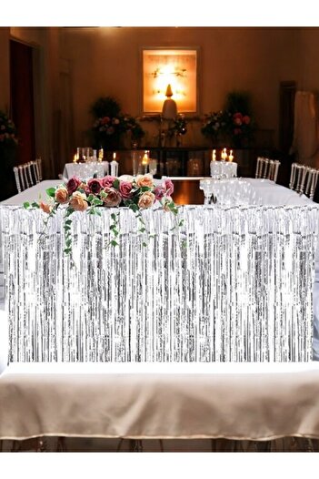VibeHome White Color Metallized Table Skirt - for Birthday Party and Fun Events