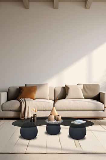 Decorita Cam Orta Sehpa | 3 Toplu Cam Sehpa | Polisitiren Ayaklı | Füme Cam | 75cm x 120cm x 27cm