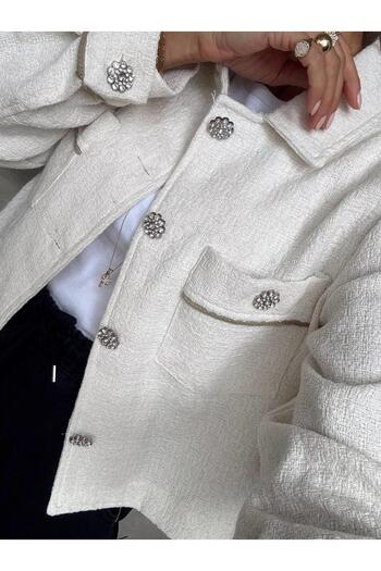 Maldia Shop Women's Tweed Fabric Stone Detail Cream Shirt