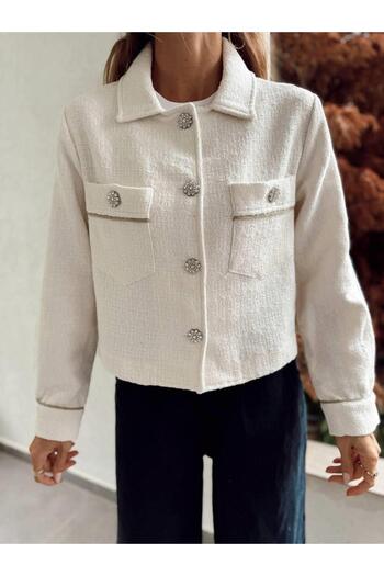 Maldia Shop Women's Tweed Fabric Stone Detail Cream Shirt