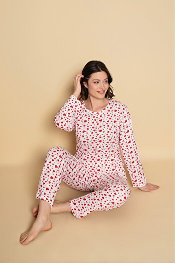 CALİA Women's Combed Cotton Crew Neck Beige Color Long Sleeve Pajama Set