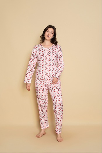 CALİA Women's Combed Cotton Crew Neck Beige Color Long Sleeve Pajama Set