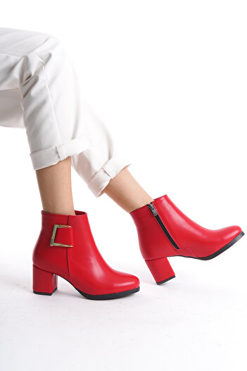 marinarosse Women's Athens Red Skin Buckle Detailed Heeled Short Boots