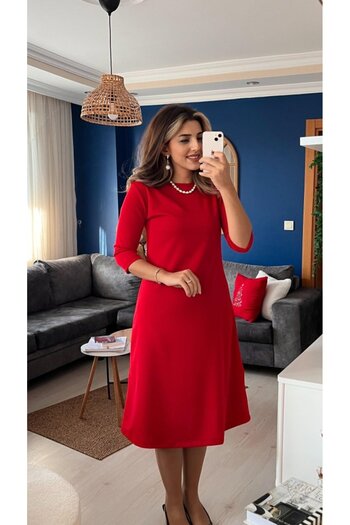 Modayakamoz Women's Long Sleeve Crew Neck Midi Imported Crepe Dress