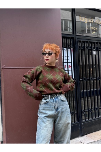 Bak'ap Diamond Patterned Premium Knitwear Crew Neck Sweater