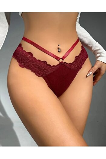 MODA CNG Burgundy Lace Detailed Lacing Detailed Stylish Women's Sexy Panties