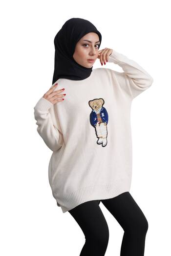 Moda Amore Hijab Knitwear Women's Sweater - Teddy Bear Tunic with Teddy Bear, Crew Neck