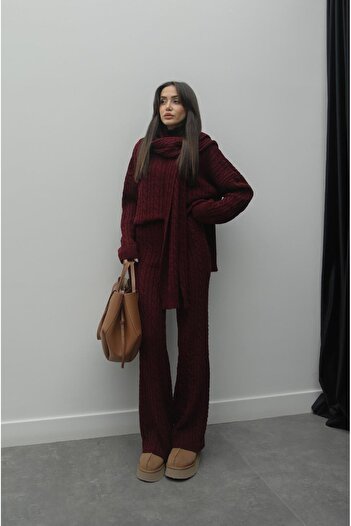 Havoş Burgundy Wefted Hair Knit Pants Sweater Set