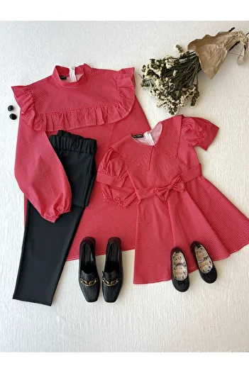 KÜÇÜĞÜM BUTİK Women's Red Polka Dot Tunic and Red Polka Dot Collar Poplin Girl's Dress