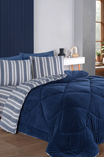 Eponj Home Double Comfort Set New Generation Wellsoft Quilt 3 Pieces Soft Line Navy Blue