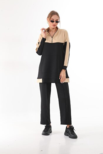 WestBound Women's Black Beige Color Patterned Sports Double Casual Suit