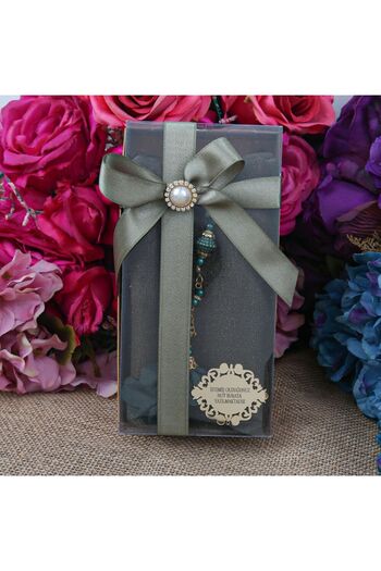 İkranur Green Gift Shawl and Pearl Prayer Beads - Green with Rose