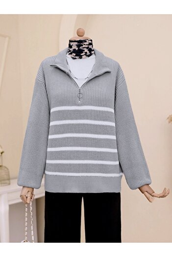 Modamorfo Seitlich gestreifter Strickpullover mit halbem Reißverschluss – grau