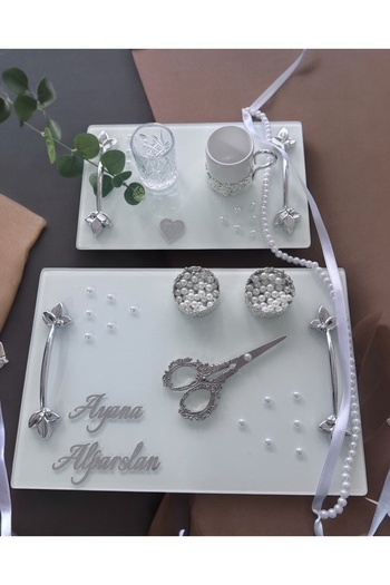 CyzHome Adore Silver White Pearl Promise Tray Engagement Tray and Groom Coffee Cup Tray