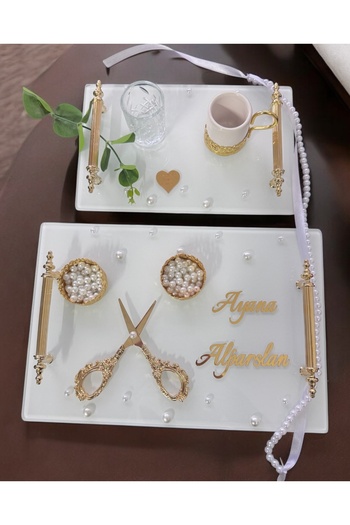 CyzHome Bonding Gold White Pearl Promise Tray Engagement Tray and Groom Coffee Cup Tray