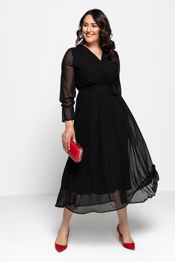 thezkscom Black Double-breasted Collar Lined Plus Size Chiffon Lined Dress Sk