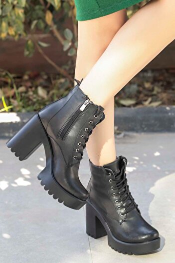 Mamito Ayakkabı Jvl 207 Lace-up Detail Μποτάκια ψηλοτάκουνα-μαύρο-δερμάτινο