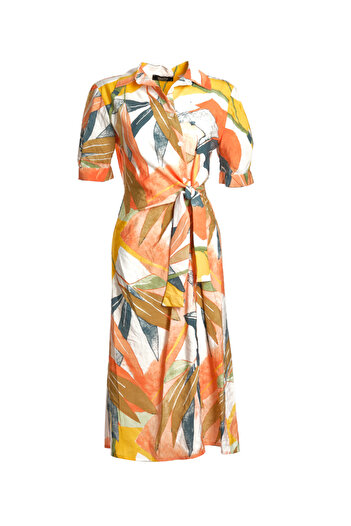 Ysatis Shirt Collar Print Three Quarter Sleeve Orange Women's Dress 24244000103