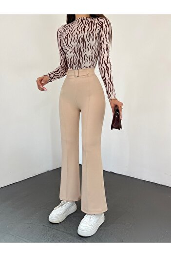 Modamorfo Buckle Belt Detailed Elastic Waist Trousers - Stone
