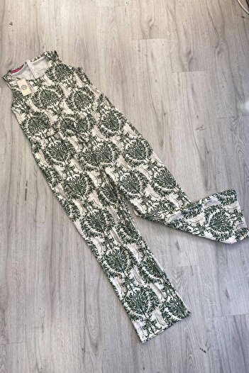 Mossta Green Ethnic Patterned Sleeveless Single Jersey Jumpsuit - Back Zip