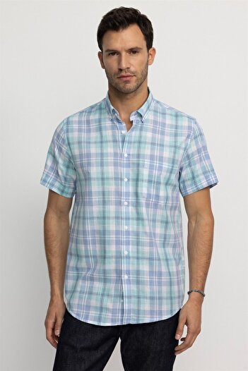 Tudors Men's Regular Fit Classic Cut 100% Cotton Linen Texture Checked Buttoned Lapel Turquoise Shirt