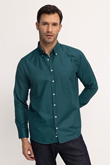 Tudors Ανδρικό πουκάμισο με κανονική εφαρμογή Classic Cut Oxford Texture με κουμπιά με κεντημένο πράσινο πουκάμισο