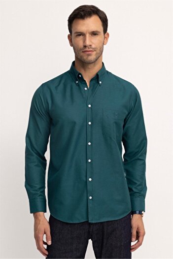 Tudors Ανδρικό πουκάμισο με κανονική εφαρμογή Classic Cut Oxford Texture με κουμπιά με κεντημένο πράσινο πουκάμισο