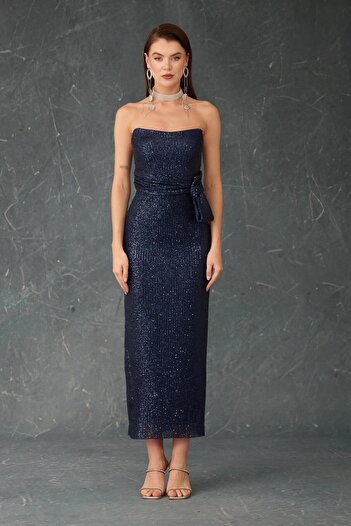 Carmen Navy Blue Strapless Midi Sequined Evening Dress