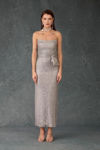 Carmen Silver Strapless Midi Sequined Evening Dress