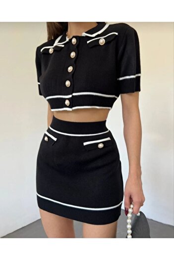 Modamorfo Pocket Detailed Pearl Buttoned Knitwear Crop Set