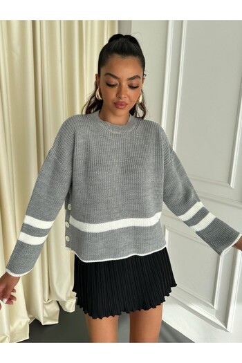Modamorfo Knitted Pattern Knitwear Sweater with Buttons on the Sides -Grey