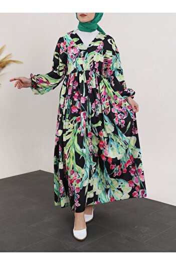 Modamorfo Long Dress with Elastic Waist and Open Collar