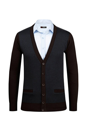 Çizgi Triko Stripe Knitwear Men's Large Size Pattern Sleeve and Waist Elastic Steel Knit Knitwear Cardigan 5014Mb Brown