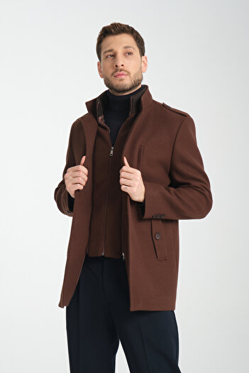Frappoli Ανδρικό παλτό Cashmere - Χοντρό γιακά, φερμουάρ, κανονική εφαρμογή