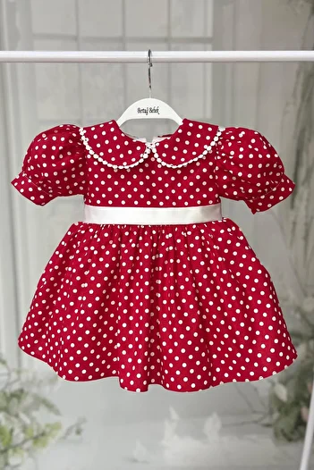 Bertuğ Bebek Rochie Minnie roșie din bumbac cu buline pentru fetiță cu guler pentru păpuși