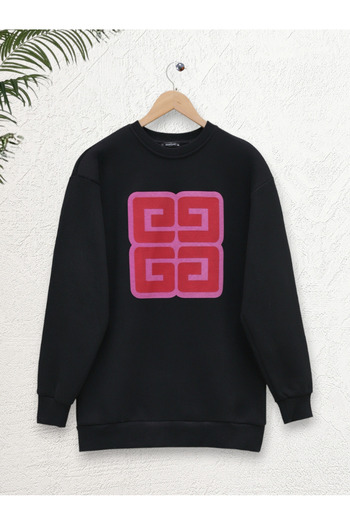 Modamorfo Crew Neck Letter Printed Raised Sweatshirt - Black