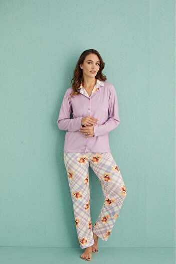 MEBA Women's Thermal Pajamas Set with Lilac Bear Print - Front Button, Gift and New Year's Dowry