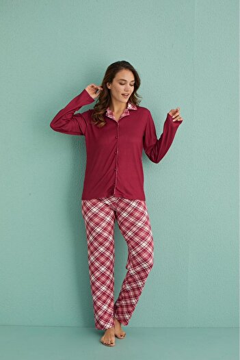 MEBA Thermal Pajama Set for Women - Plum Plaid, Front Button, Gift Dowry