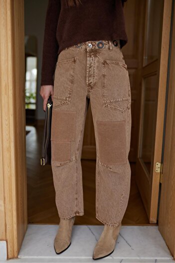 Askı Nişantaşı Camel Waist Eyelet Detailed Side Pocket Jean Trousers