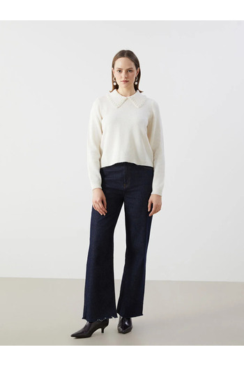LC Waikiki Lcw Modest Ecru Polo Neck Stoned Women's Knitwear Sweater